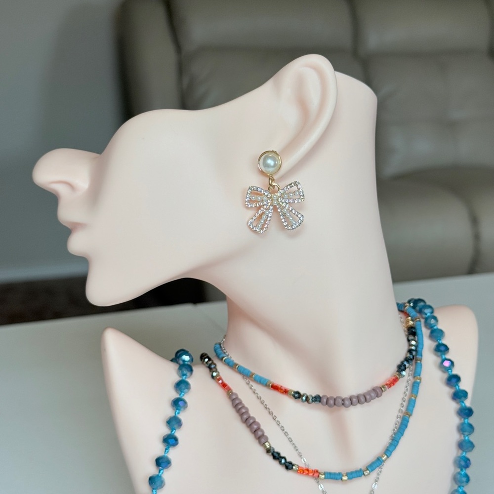 Pearl & Crystal Bow Drop Earrings - White Pearl Bow Dangle